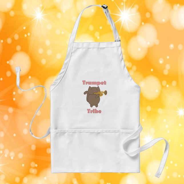 Trumpet Tribe Brown Cat Pink Adult Apron (An apron featuring a brown cat playing the trumpet and the text trumpet tribe)