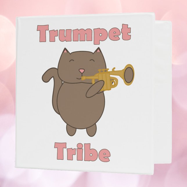 Trumpet Tribe Cat Funny 3 Ring Binder (A binder with a cat playing the trumpet and the words trumpet tribe in pink.)