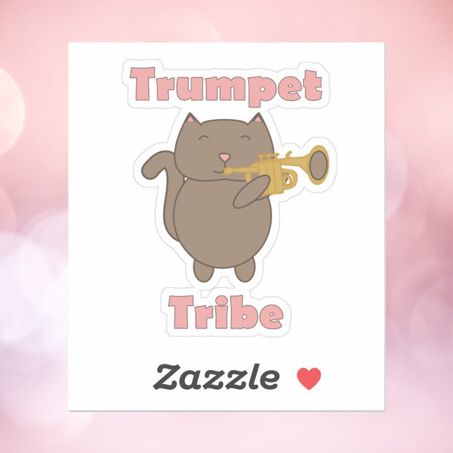 Trumpet Tribe Cat Music Sticker (A sticker with a cute brown cat playing the trumpet and the words trumpet tribe in pink.)
