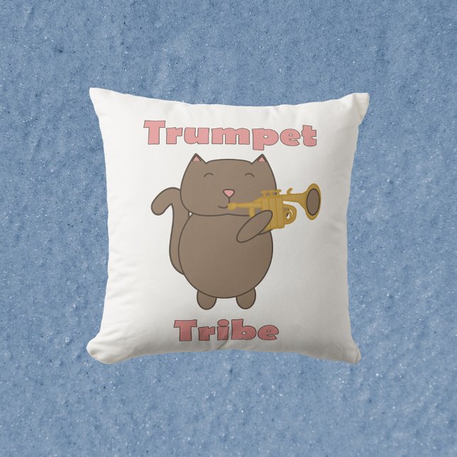 Trumpet Tribe Cat Musician Throw Pillow (A throw pillow with a brown cat playing the trumpet and the words trumpet tribe.)