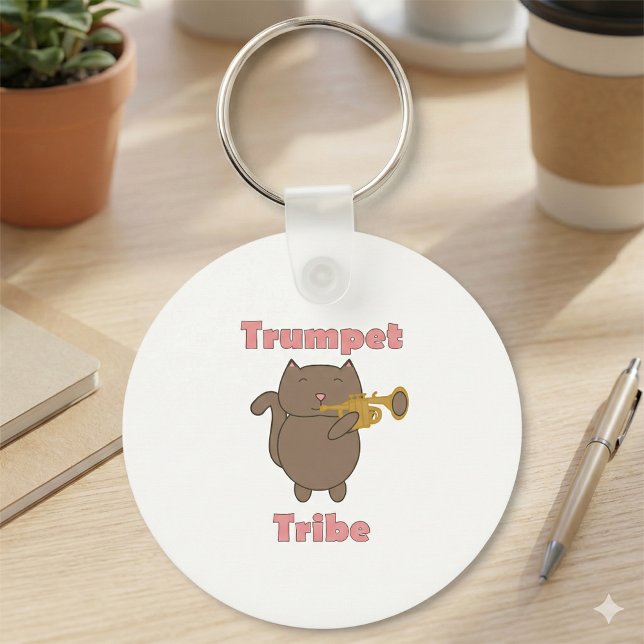 Trumpet Tribe Cat Pink Keychain (A keychain featuring a brown cat and the text trumpet tribe in pink.)