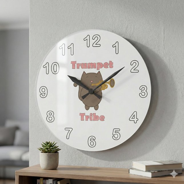 Trumpet Tribe Cat Pink Letters Large Clock (A clock featuring a brown cat playing the trumpet with the words trumpet tribe.)