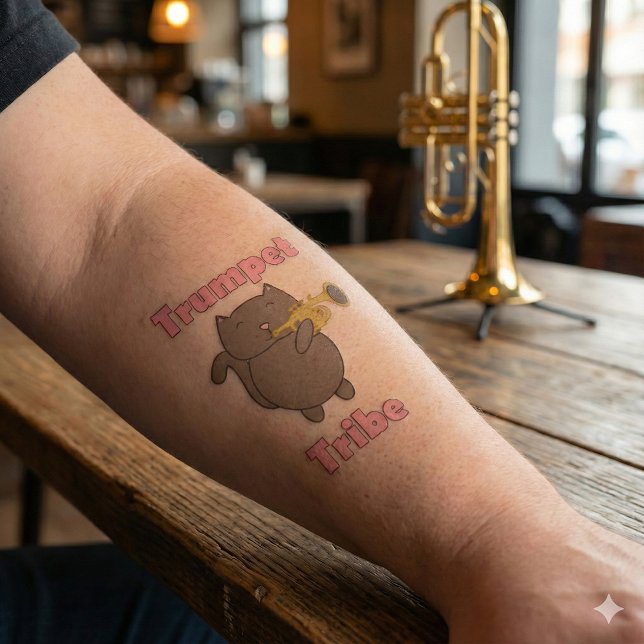 Trumpet Tribe Cat Pink Letters Temporary Tattoos (A temporary tattoo featuring a brown cat playing the trumpet and the words trumpet tribe in pink. )