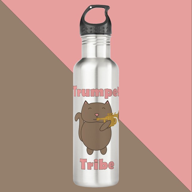 Trumpet Tribe Cute Cartoon Cat Musical Animal Stainless Steel Water Bottle (A water bottle with a cute brown cat playing the trumpet with the words trumpet tribe in pink.)