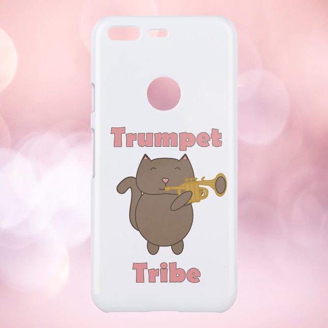 Trumpet Tribe Kawaii Cat Musical Uncommon Google Pixel Case (A phone case featuring a cute brown cat playing the trumpet with the words trumpet tribe.)