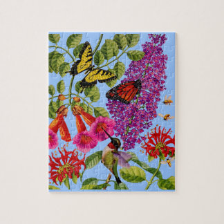 trumpet vine, butterfly bush, bee balm, bird jigsaw puzzle