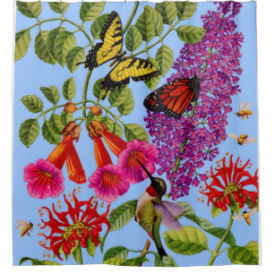 trumpet vine, butterfly bush, bee balm, cute bird shower curtain