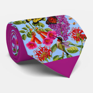 trumpet vine, butterfly bush, hummingbird print neck tie
