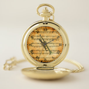 Trumpet ~ Vintage Sheet Music Background ~ Unique Pocket Watch