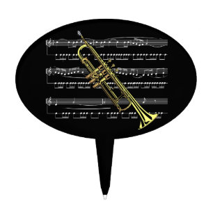 Trumpet with Sheet Music and Black Background Cake Topper