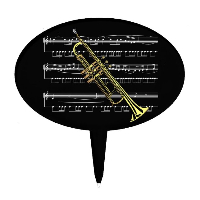 Trumpet with Sheet Music and Black Background Cake Topper (Front)