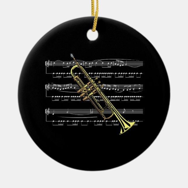 Trumpet with Sheet Music and Black Background Ceramic Ornament (Front)