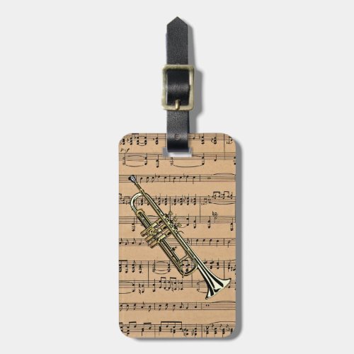 Trumpet With Sheet Music Background Luggage Tag