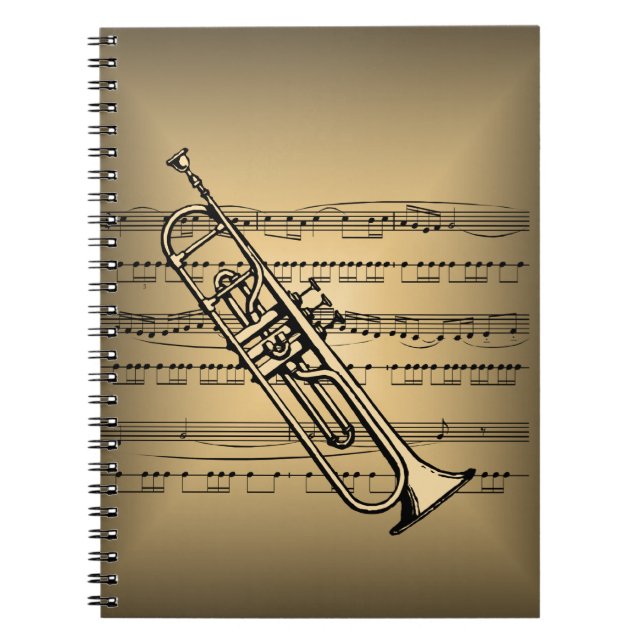Trumpet With Sheet Music Background Notebook (Front)