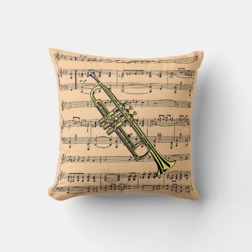 Trumpet With Sheet Music Background Throw Pillow