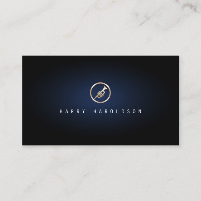 Trumpeter Elegant Gold Trumpet Icon Blue Glow Business Card (Front)