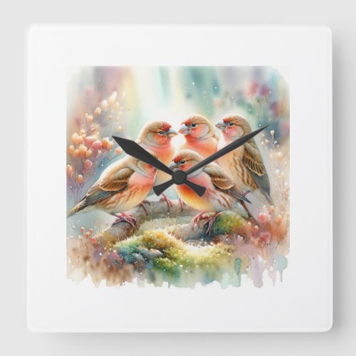 Trumpeter Finches 030624AREF125 _ Watercolor Square Wall Clock