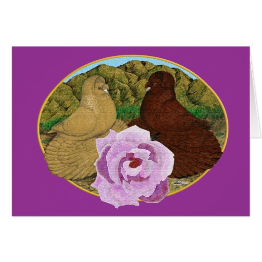 Trumpeter Pigeons and Rose Cards (Front Horizontal)