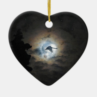 Trumpeter Swan Flying under a Full Winter Moon Ceramic Ornament