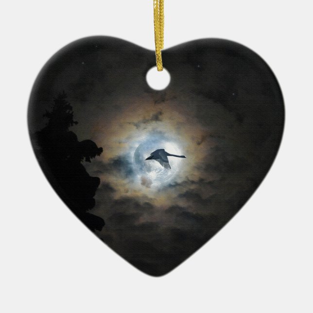 Trumpeter Swan Flying under a Full Winter Moon Ceramic Ornament (Front)