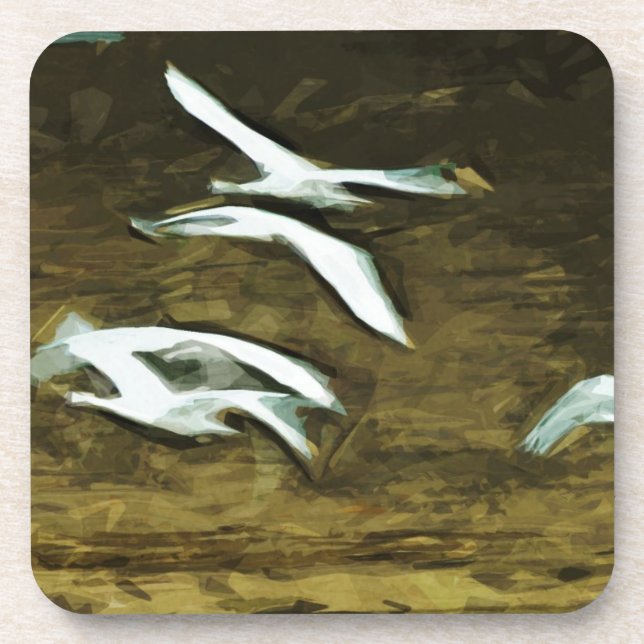 Trumpeter Swans in Flight Abstract Impressionism Beverage Coaster (Front)