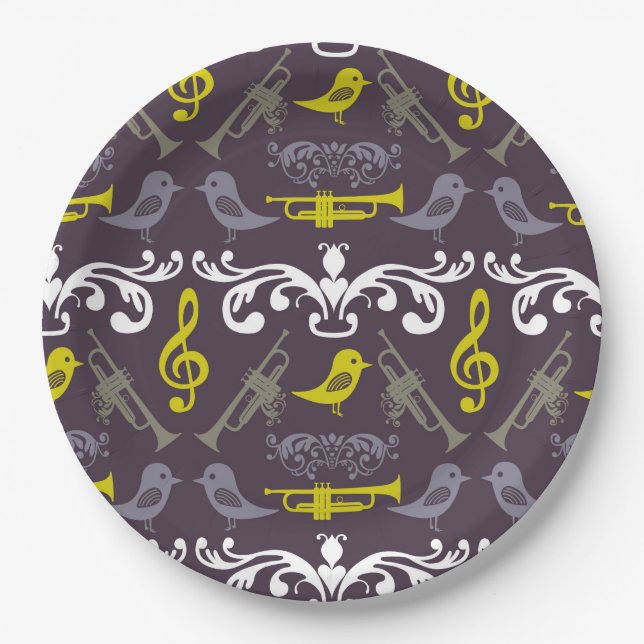 Trumpets and Birds Paper Plates (Front)