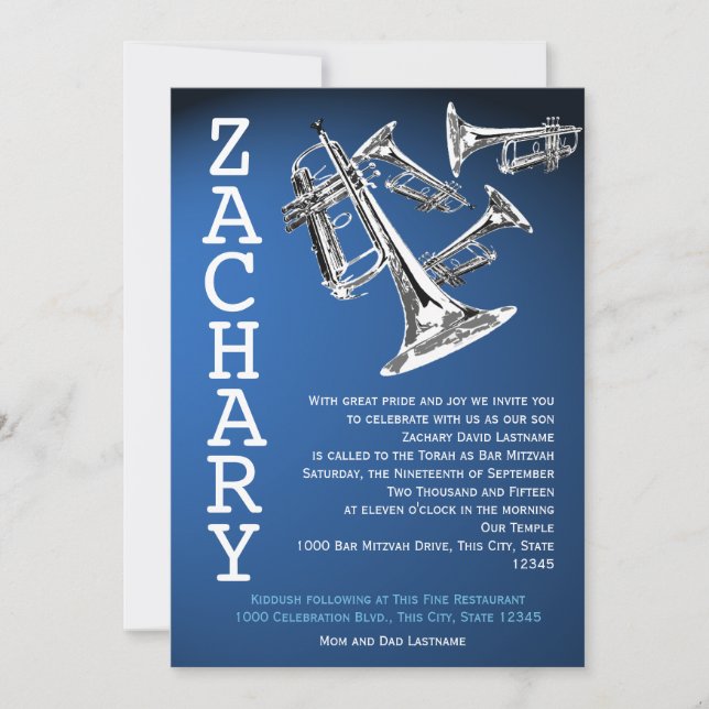 Trumpets Music Dark Blue Bar Mitzvah Invitation (Front)