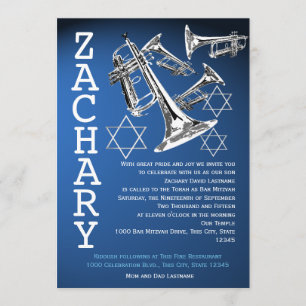 Trumpets Music Dark Blue Bar Mitzvah Invitation