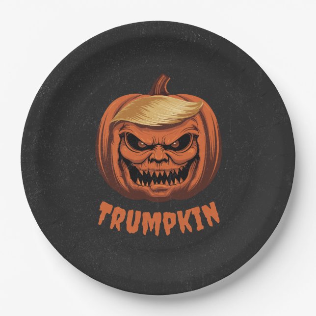 Trumpkin - Grinning Donald Trump Halloween Pumpkin Paper Plates (Front)