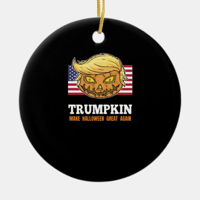 Trumpkin Halloween Pumpkin With Flag Scary Design  Ceramic Ornament (Front)