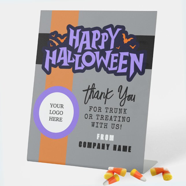 Trunk or Treat Gray Halloween Business Thank You Pedestal Sign (Halloween Trunk or Treat Standing Business QR Code Display Sign in Grey, Orange, Purple and Black)