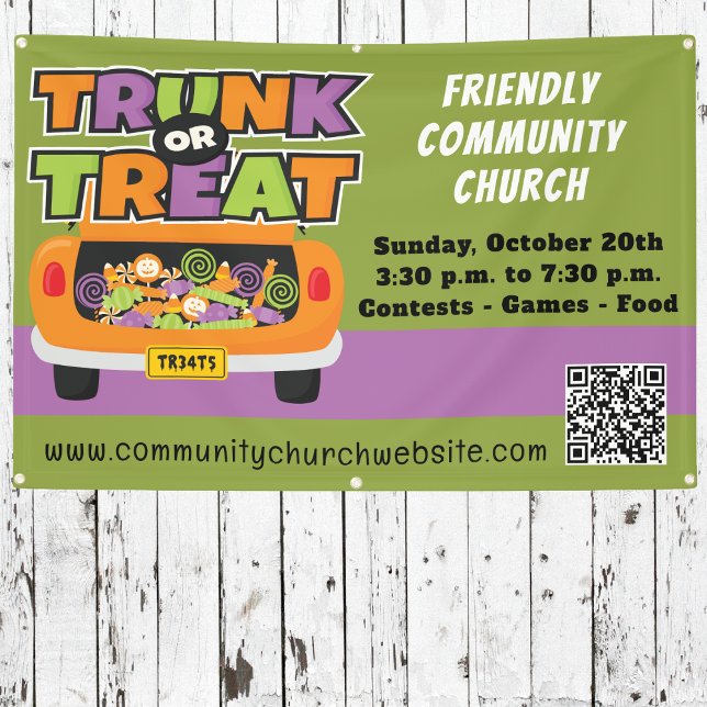 Trunk or Treat Halloween Banner (Colorful Trunk or Treat banner with QR code, event details & kid-friendly Halloween design.)