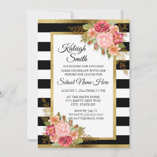 Trunk Party Invite Black White Striped Pink Floral