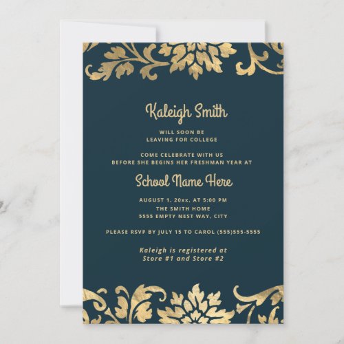 Trunk Party Navy Blue Vintage Gold Graduation Invitation