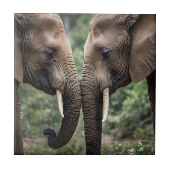 "Trunk to Trunk: A Gentle Elephant Embrace"  Ceramic Tile (Front)