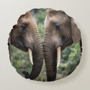 "Trunk to Trunk: A Gentle Elephant Embrace" Round Pillow