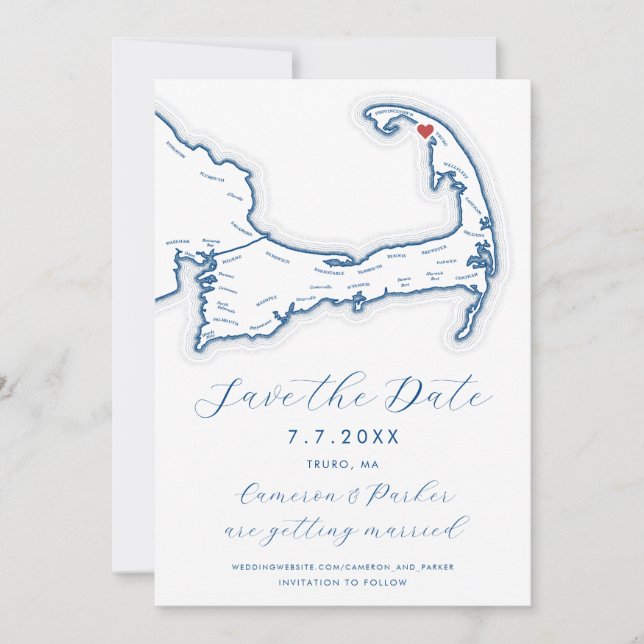 Truro MA Cape Cod Map Navy Blue Wedding Save The Date (Front)