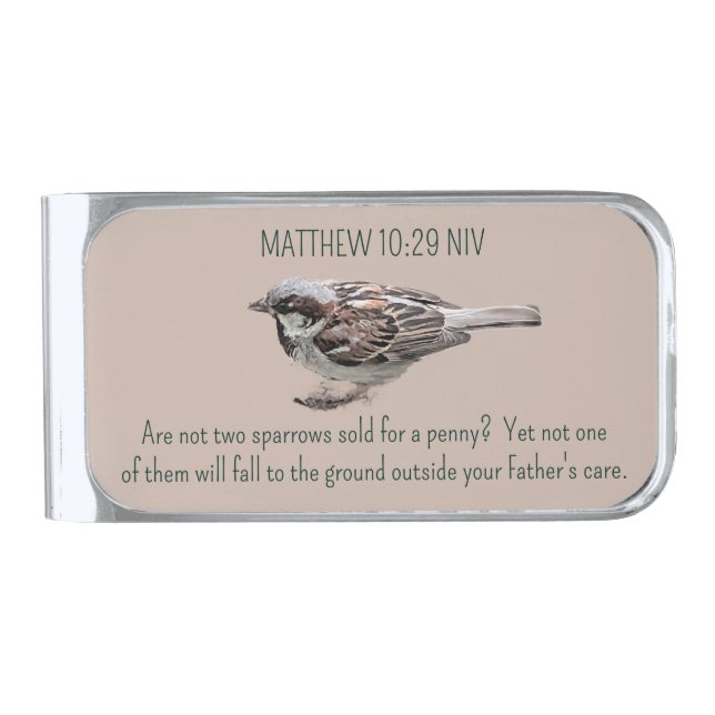 Trust and Provision Sparrow Bird Christian Taupe Silver Finish Money Clip (Front)