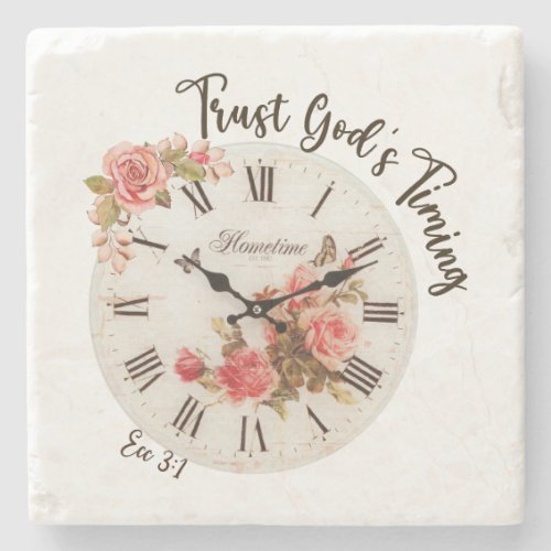 Trust Gods Timing Vintage Clockface and Roses Stone Coaster