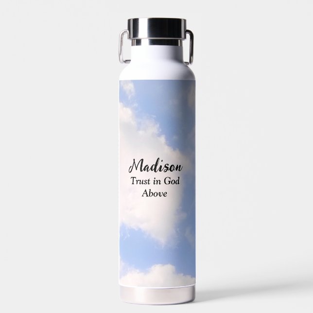 Trust in God Inspirational Custom Name Blue Sky Water Bottle (Front)