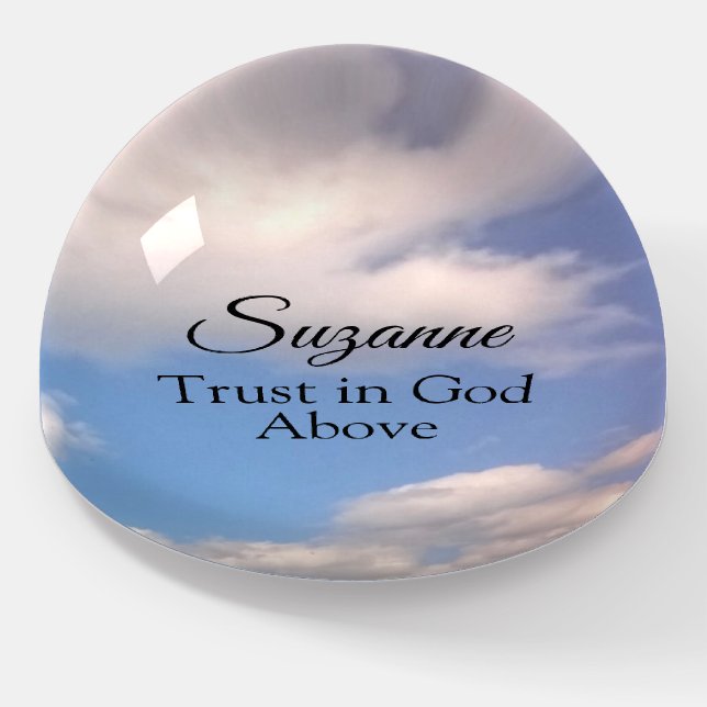 Trust in God Personalized With Name in Cloudy Sky Paperweight (Angled)