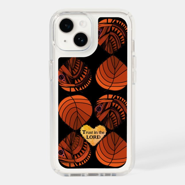 Trust In The Lord Fish Leaves Black Burnt Orange Speck iPhone Case (Front)