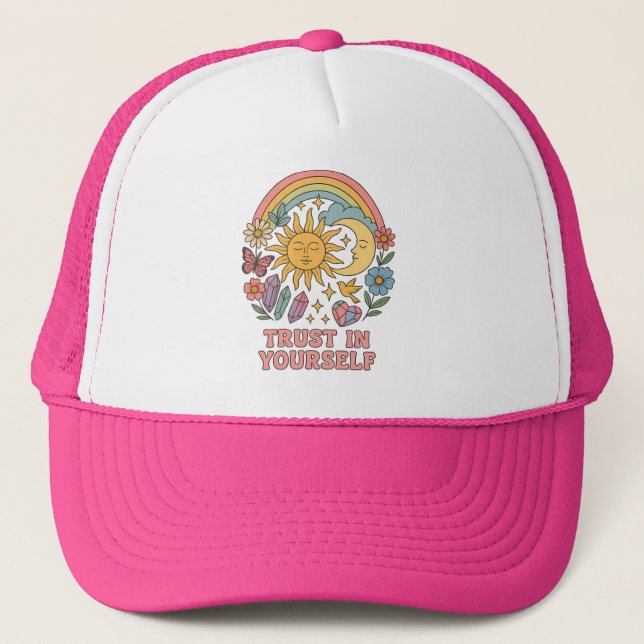 Trust in Yourself – Retro Psychedelic Sun & Moon  Trucker Hat (Front)