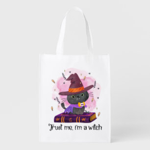 Trust Me I'm A Witch – Witch Cat on Magic Book Grocery Bag