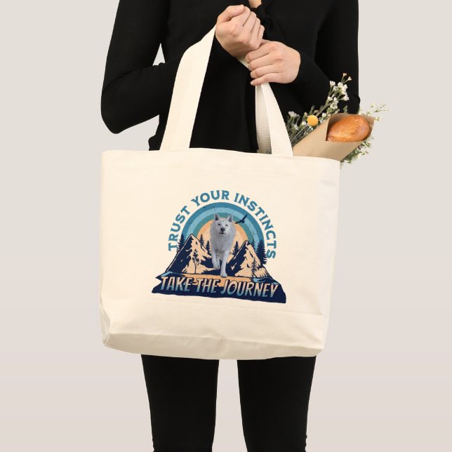 Trust Your Instincts Arctic Wolf Adventure Art Large Tote Bag (Front (Product))