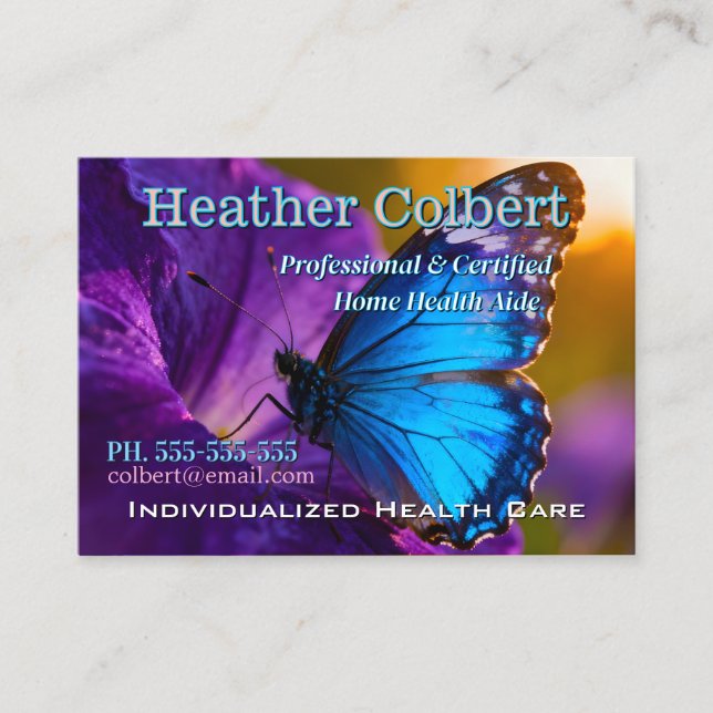 Trusty Blue Butterfly Professional Caregiver  Business Card (Front)