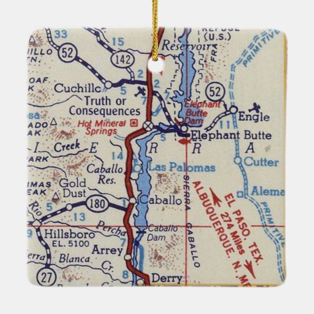 Truth Or Consequences and Elephant Butte 50's Map Ceramic Ornament (Back)