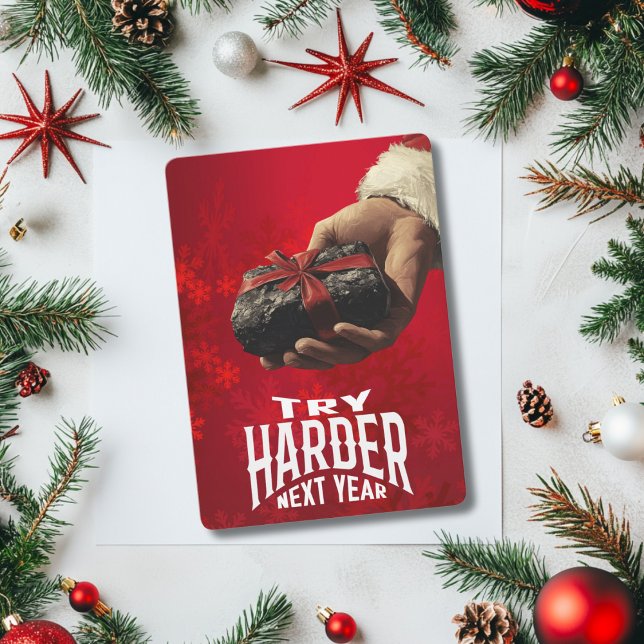 Try Harder Next Year Naughty Rude Santa Hand Coal  Holiday Card (Creator Uploaded)
