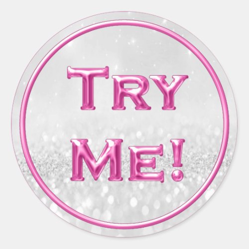 Try Me Glitter Gray Pink Tester Sample Container Classic Round Sticker