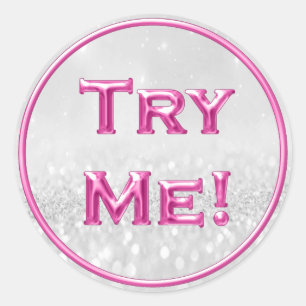 Try Me Glitter Gray Pink Tester Sample Container Classic Round Sticker